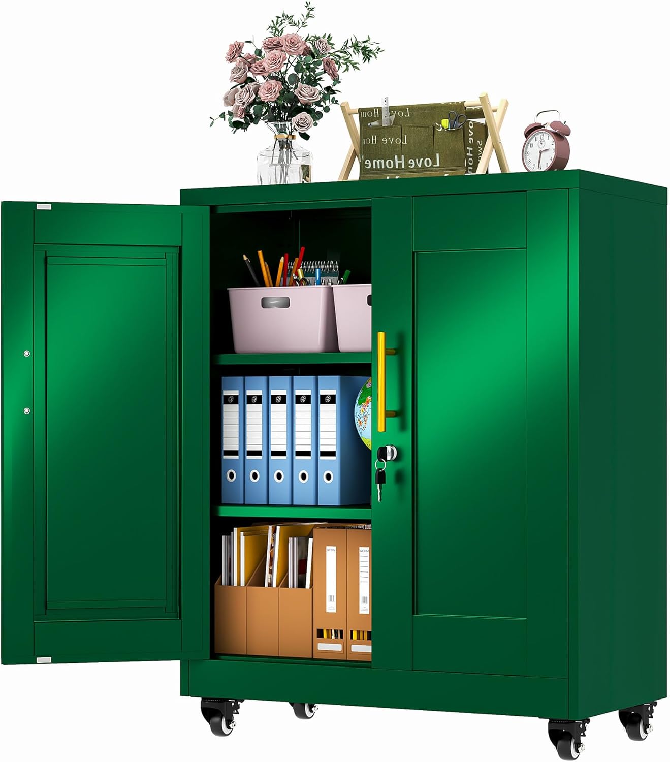 35in Metal Storage Cabinet with Lock and Wheels for Home Office