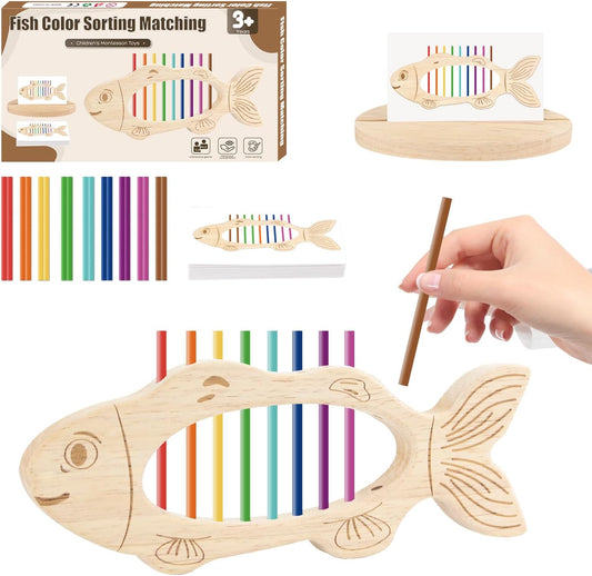 Wooden Fish Color Sorting Toy for 3+ Years Kids - Fine Motor Skills Boost!