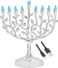 LED Electric Silver Hanukkah Tree of Life Menorah - USB or Battery