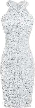 Sequin Dress Halter Bodycon Mini - Sparkly Sleeveless Party Dress