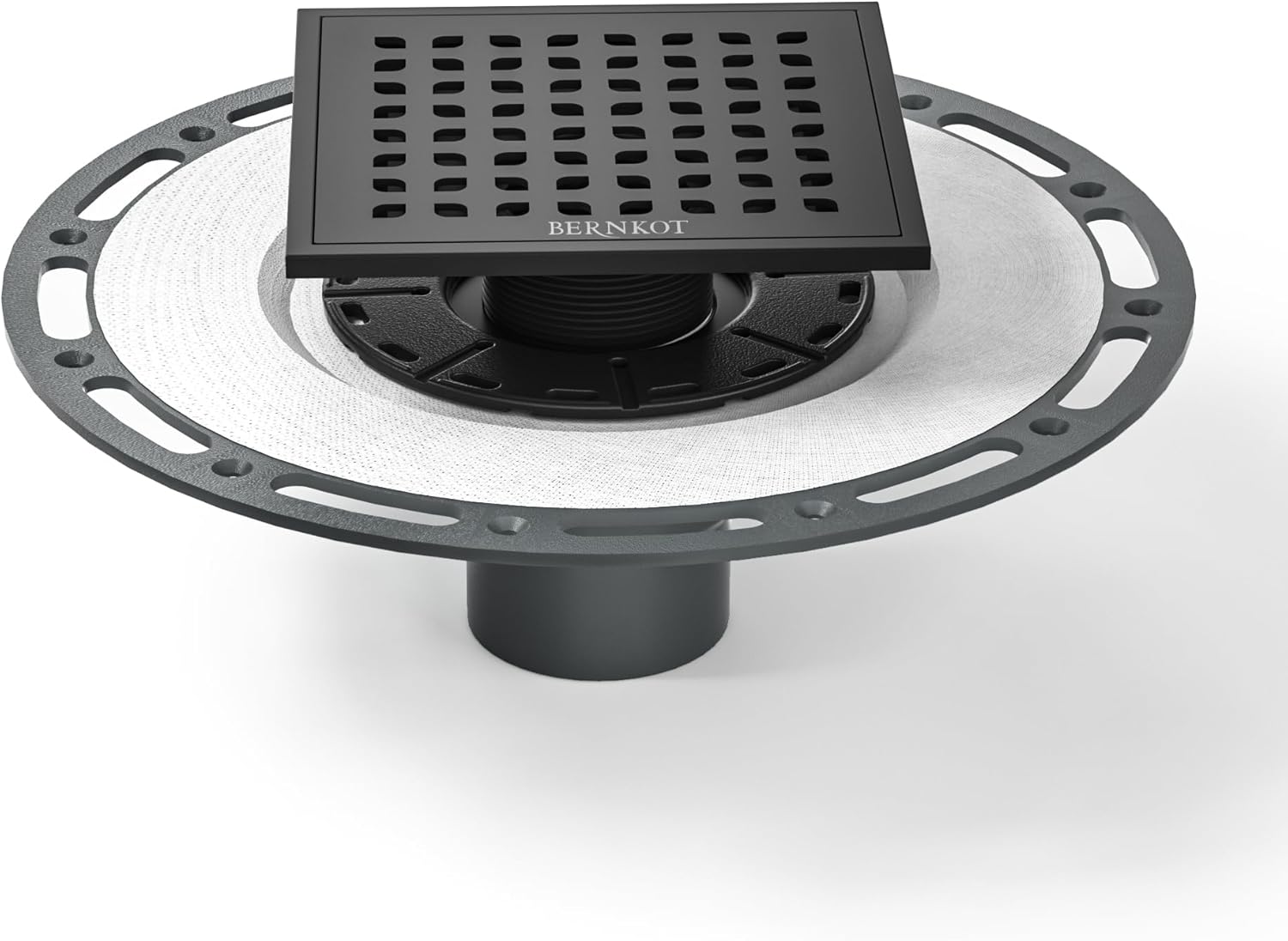 Square Shower Drain 6in Matte Black with PVC Bonding Flange