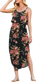 Women's Adjustable Strappy Floral Split Midi Dress - Breathable Rayon