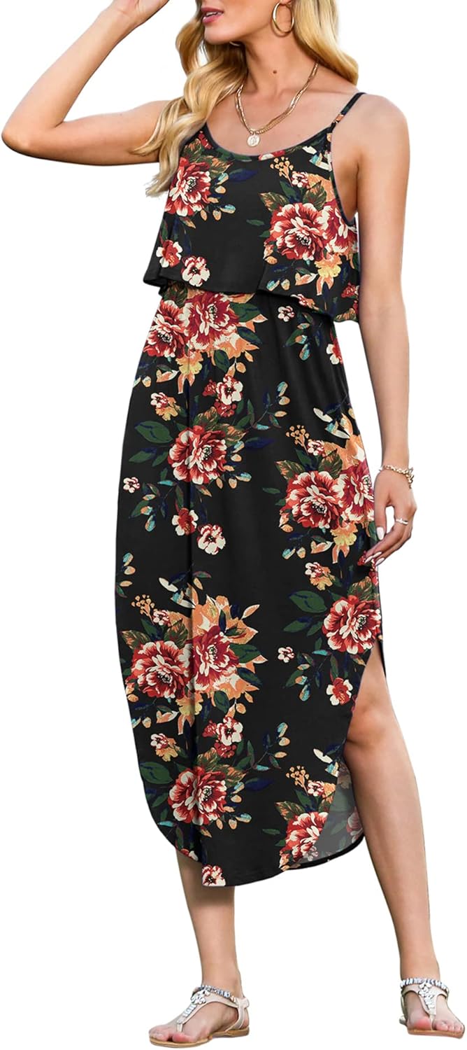 LILBETTER Women's Adjustable Strappy Split Summer Midi Dress