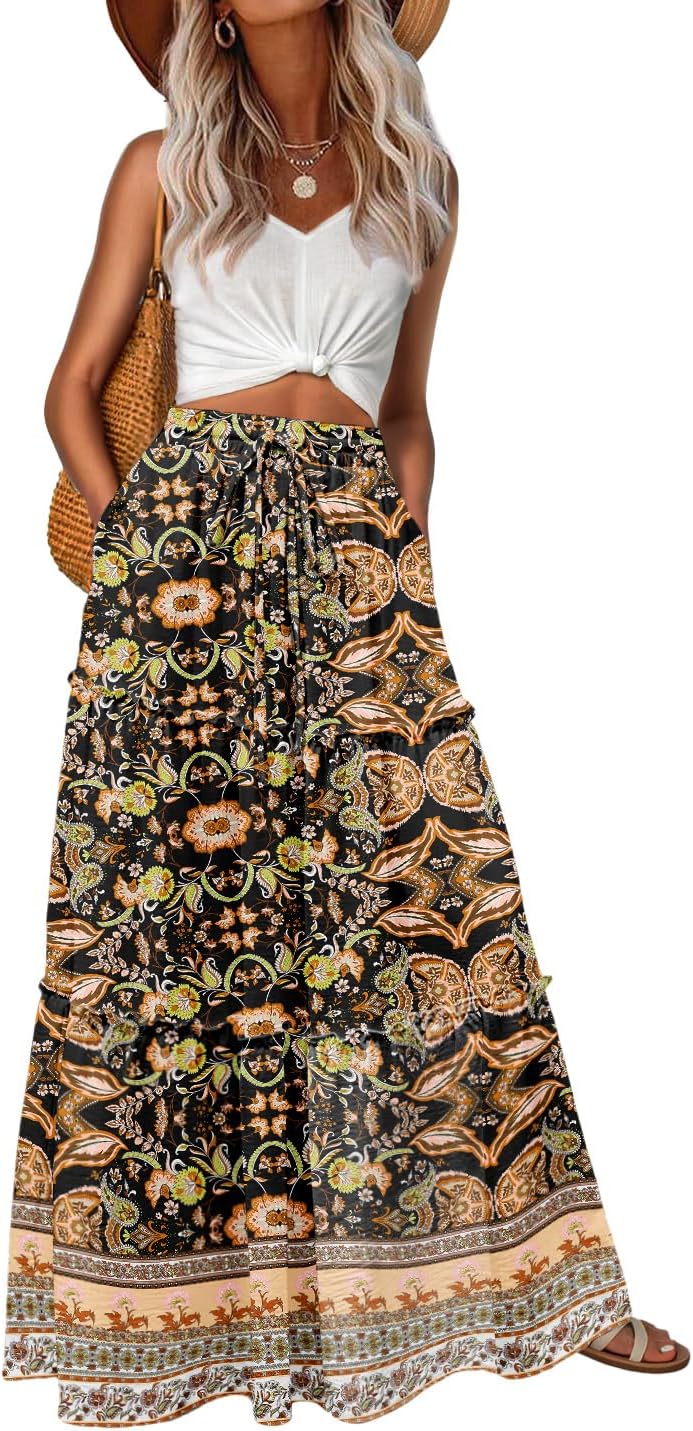 Lepunuo Womens Casual Boho High Waisted Flowy Maxi Skirts