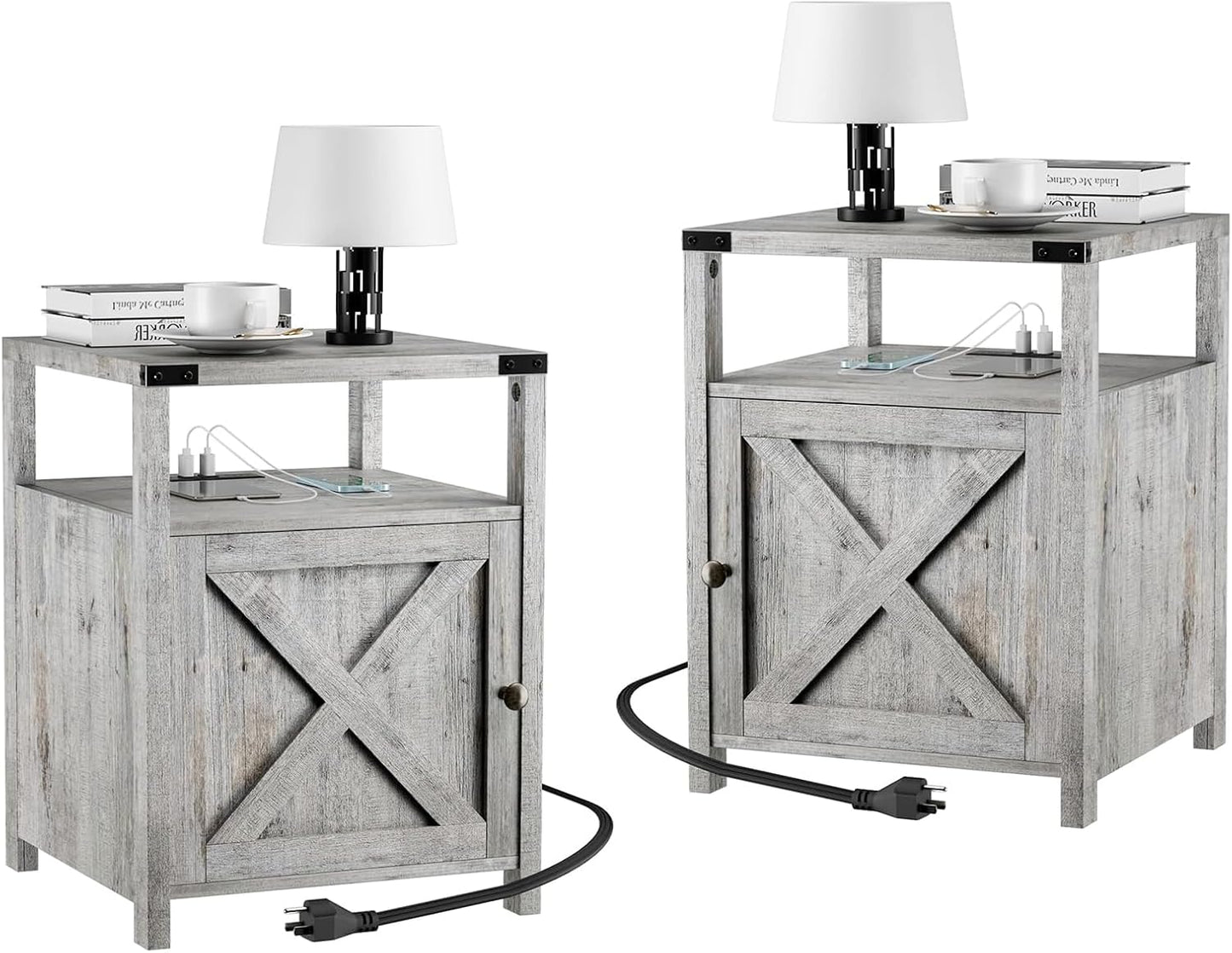 Farmhouse Nightstand Set of 2 with Charging Station for Bedroom