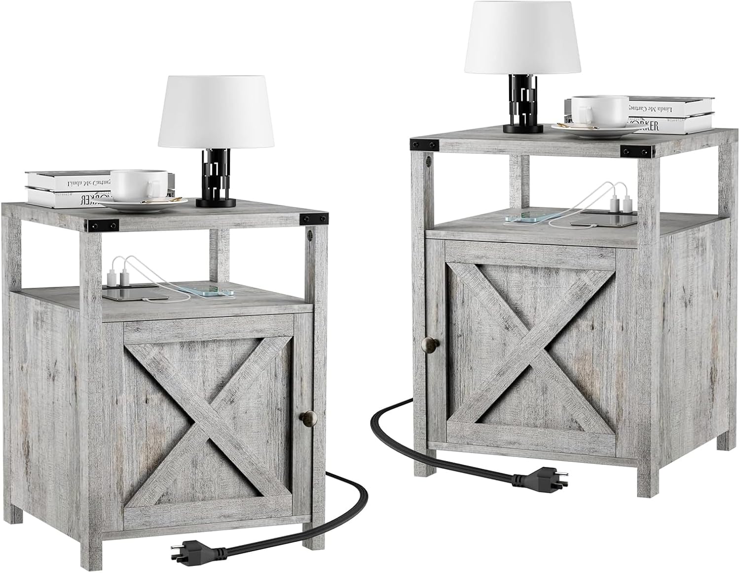 Farmhouse Nightstand Set of 2 with Charging Station for Bedroom