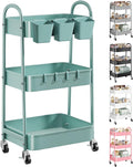 3 Tier Green Metal Rolling Cart with Lockable Wheels - Versatile
