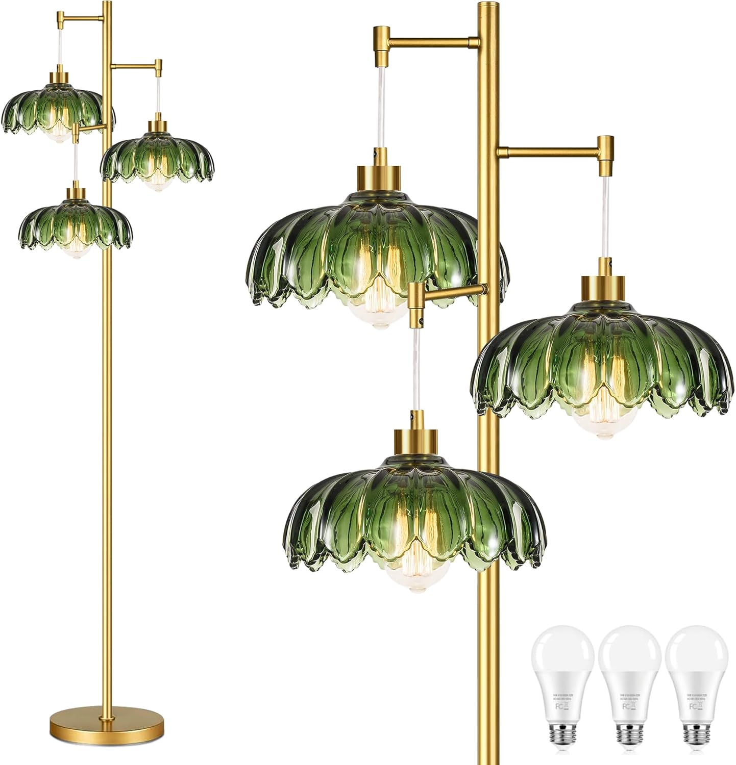 Gold Floor Lamp with Unique Green Glass Shades for Living Room