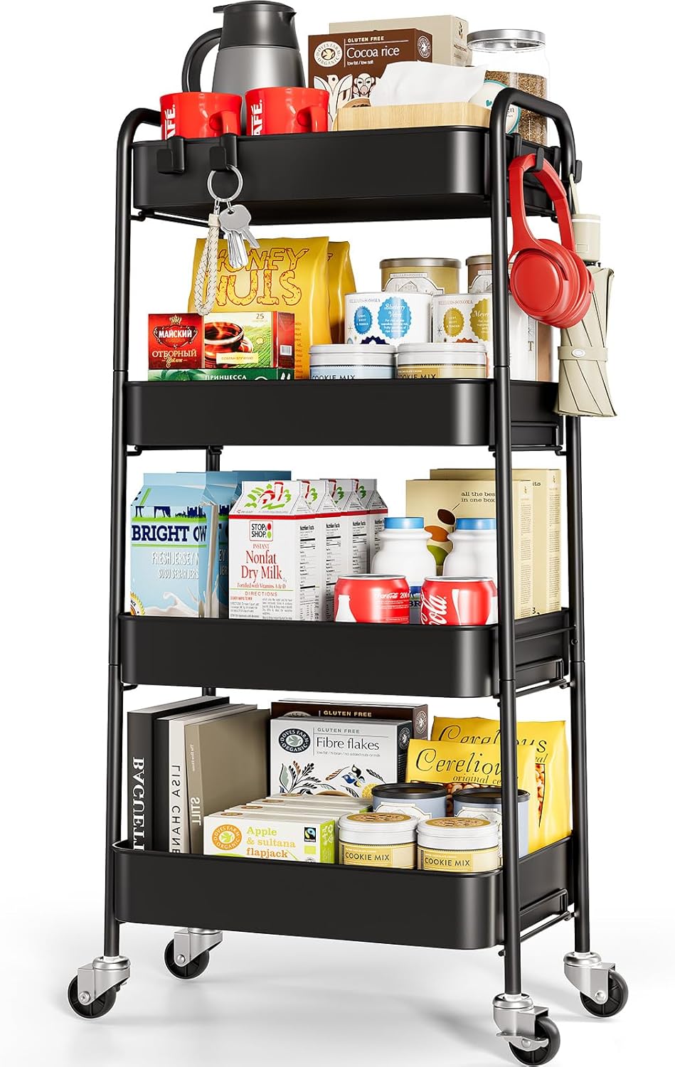 TOOLF 4-Tier Metal Rolling Cart for Kitchen, Office & More