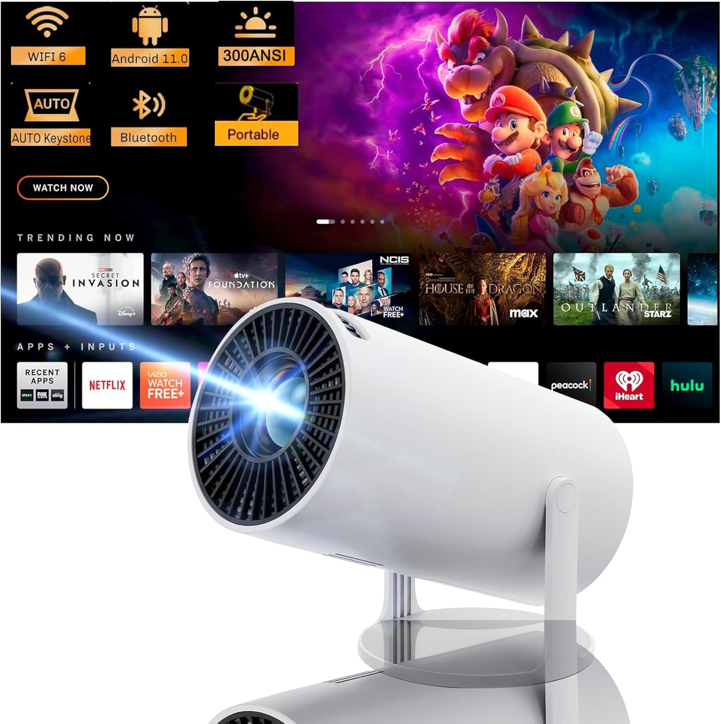 Mini Wifi Projector w/ Android 11, 4k, Auto Correction