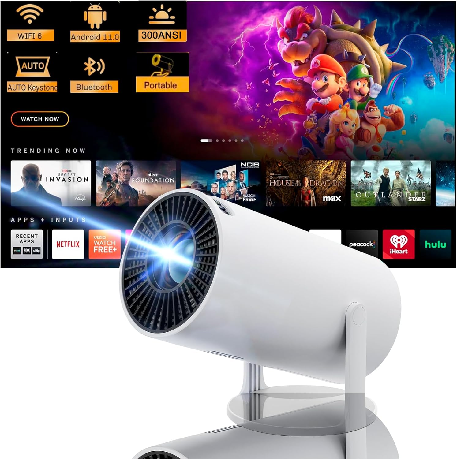 Mini Wifi Projector w/ Android 11, 4k, Auto Correction