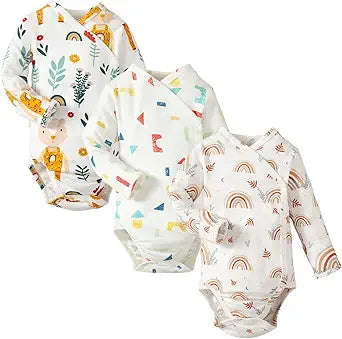 DEFAHN Baby Side Snap Bodysuit Kimono Onsies 3-Pack Cotton