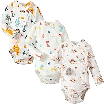 DEFAHN Baby Side Snap Bodysuit Kimono Onsies 3-Pack Cotton