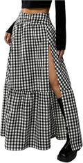 SHENHE Women's Boho Maxi Skirt with High Slit and Ruffle Hem