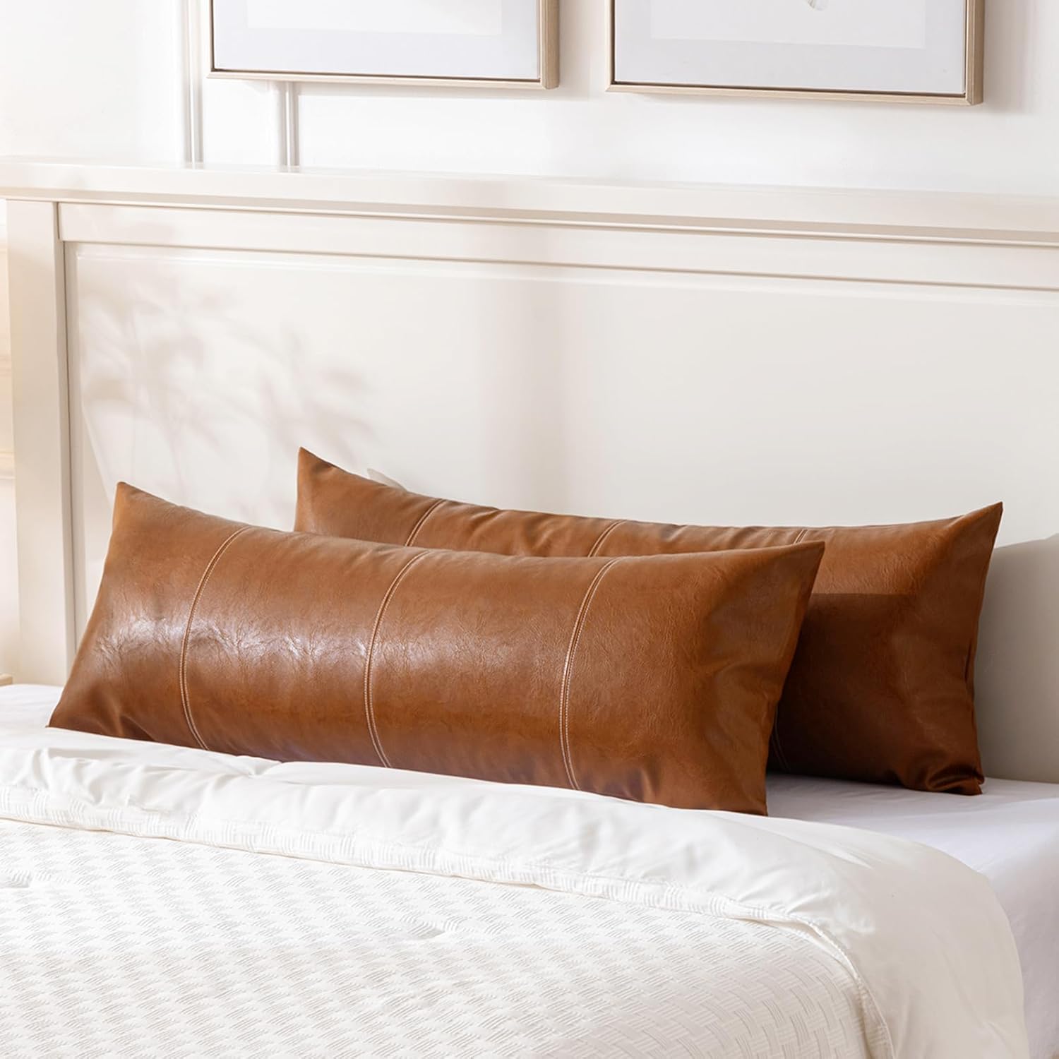 Fancy Homi Brown Boho Long Lumbar Faux Leather Pillow Covers