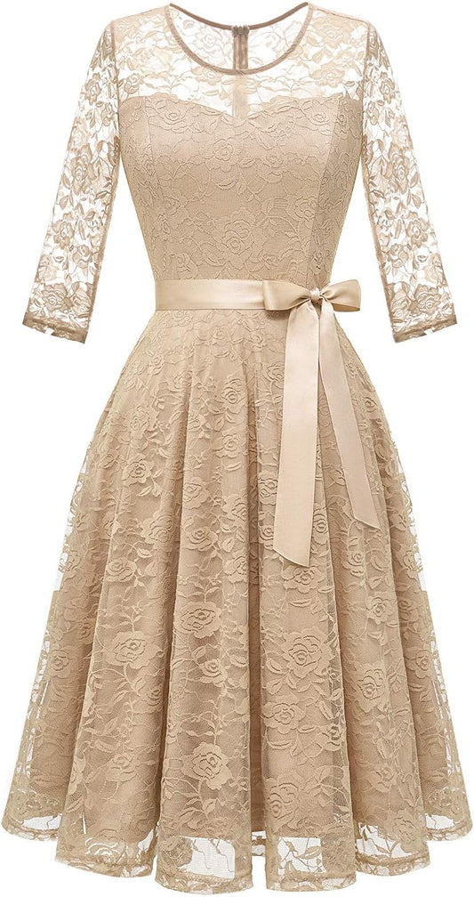 Lace Floral Dress for Women - Short Bridesmaid Dress with Bow