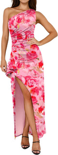 One Shoulder Floral Bodycon Maxi Dress - Flattering Summer Fit Women's