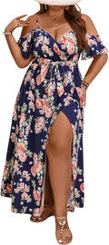 Plus Size Cold Shoulder Maxi Dress with Belt - Floral Split Thigh