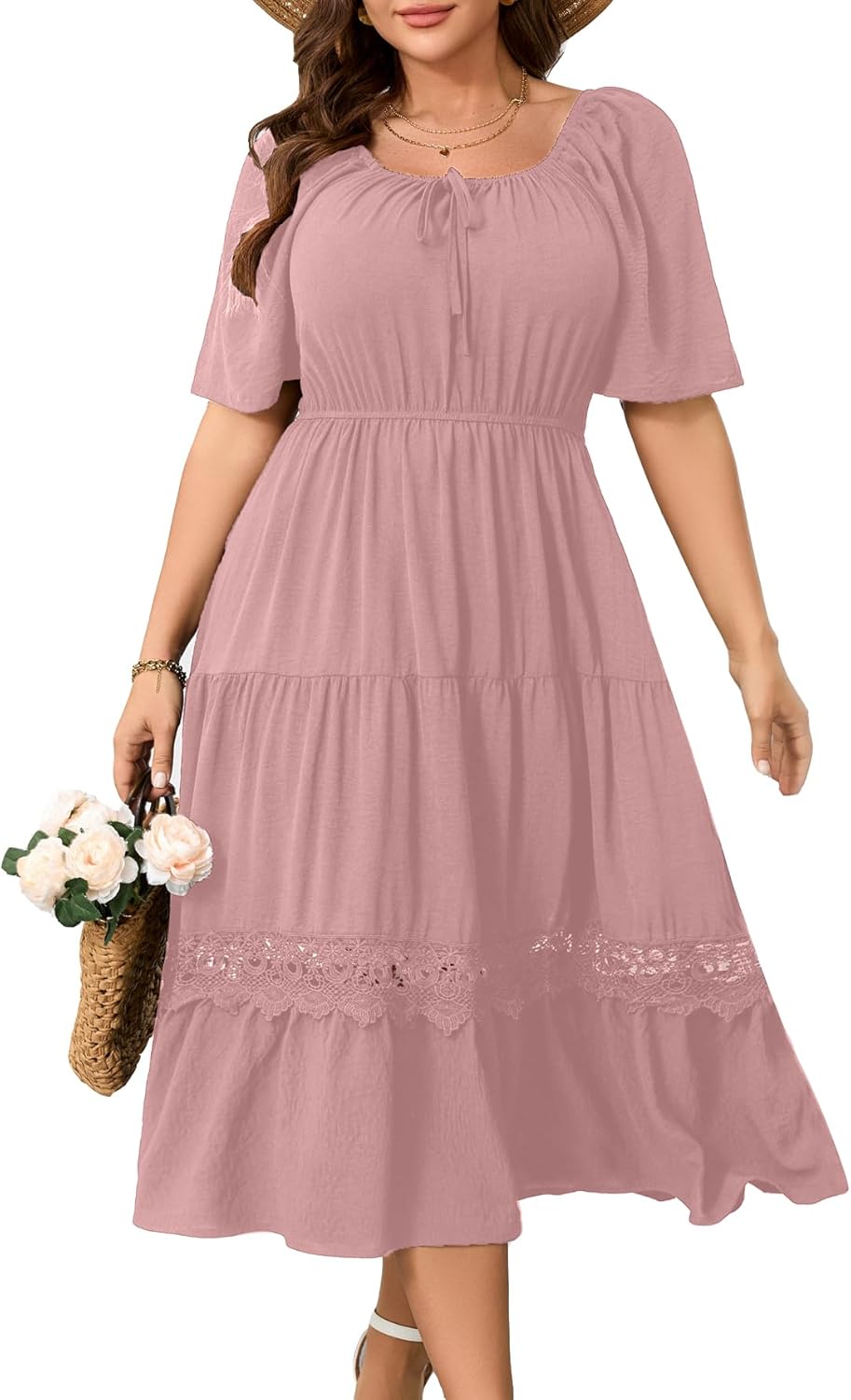 Plus Size Maxi Dress for Women with Square Neck and Lace Trim