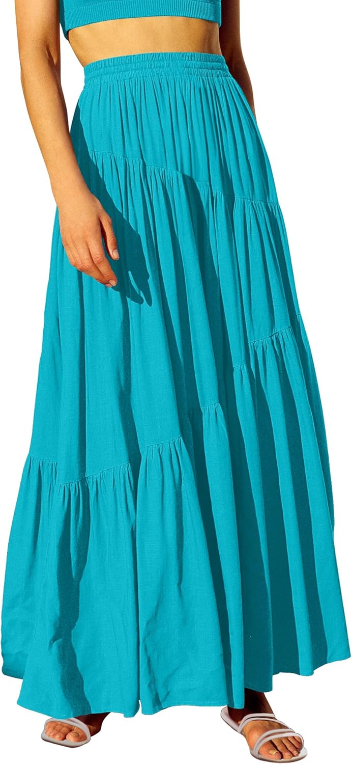 Womens Boho Elastic High Waist Pleated A-Line Maxi Skirt