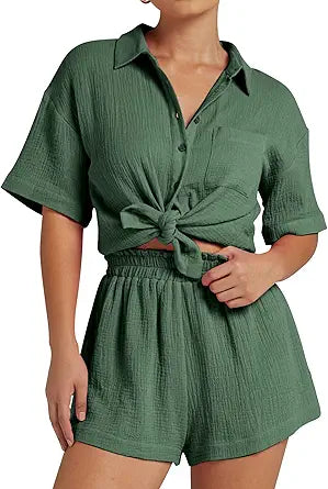 Flygo Womens Casual 2 Piece Outfits Cotton Linen Set for Comfort