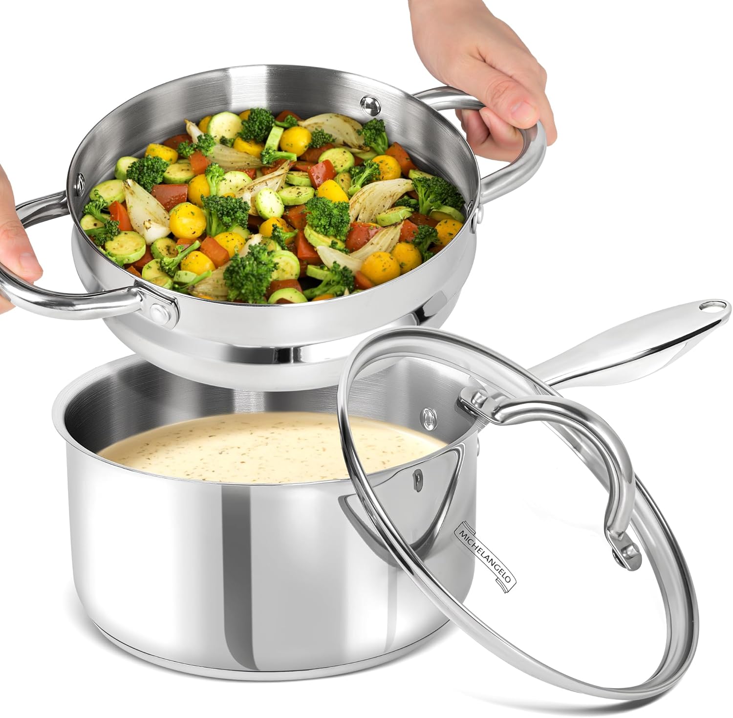 MICHELANGELO 3 Quart Stainless Steel Saucepan with Lid & Steamer