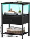 Black Nightstand with Charging Station and LED - Compact Modern Night