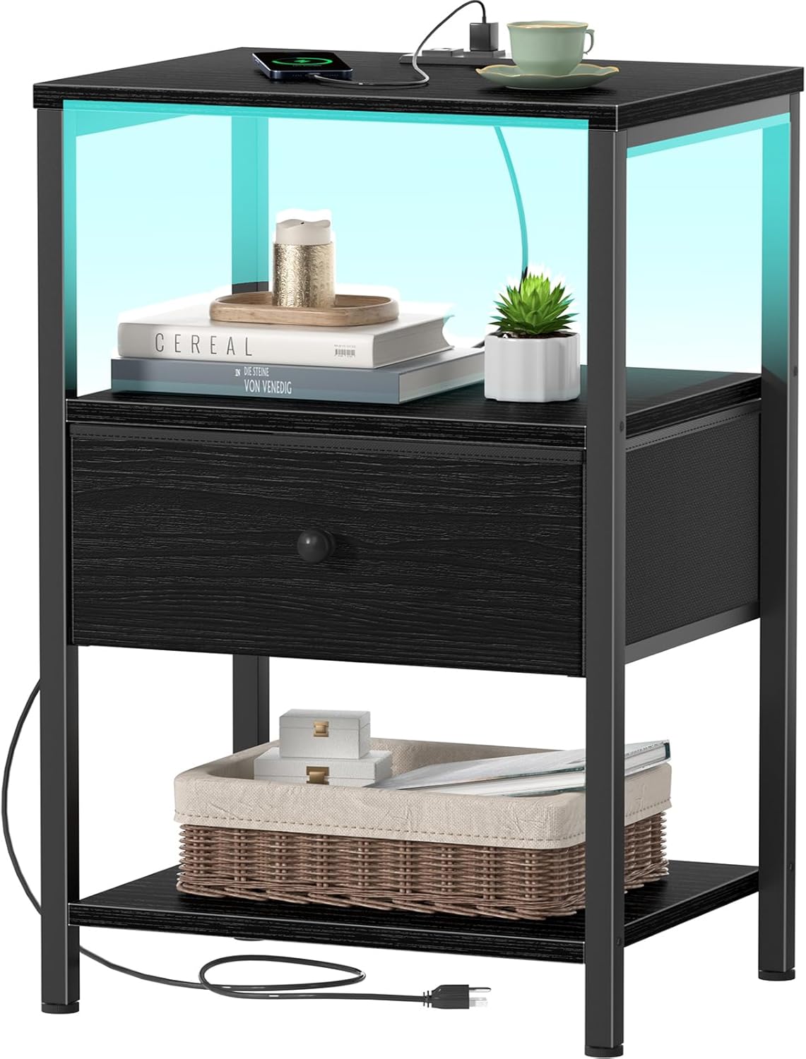 BOLUO Black Nightstand with Charging Station and LED Light