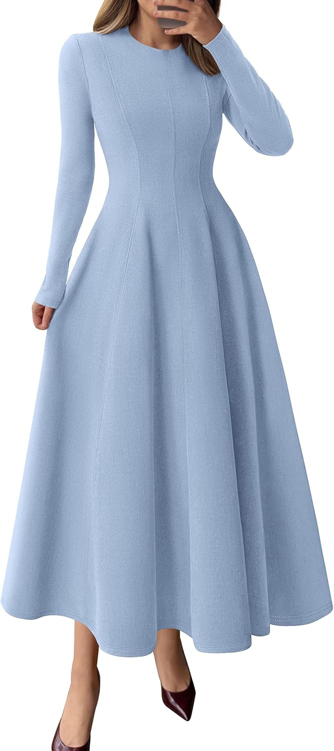 Elegant Classy Fall Long Sleeve Midi A Line Flowy Dress