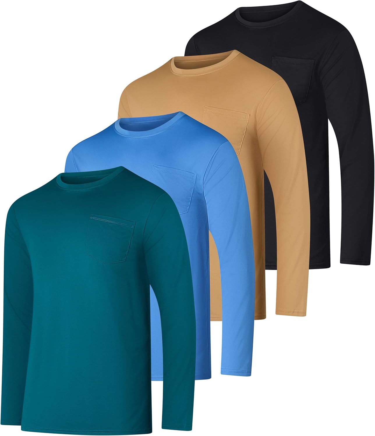 Men's Dry-Fit Active Long Sleeve Pocket Crew T-Shirt 4 Pack
