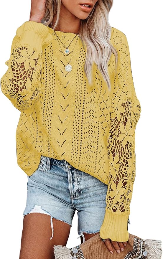 AlvaQ Women's Lace Crochet Long Sleeve Sweater for Fall Winter