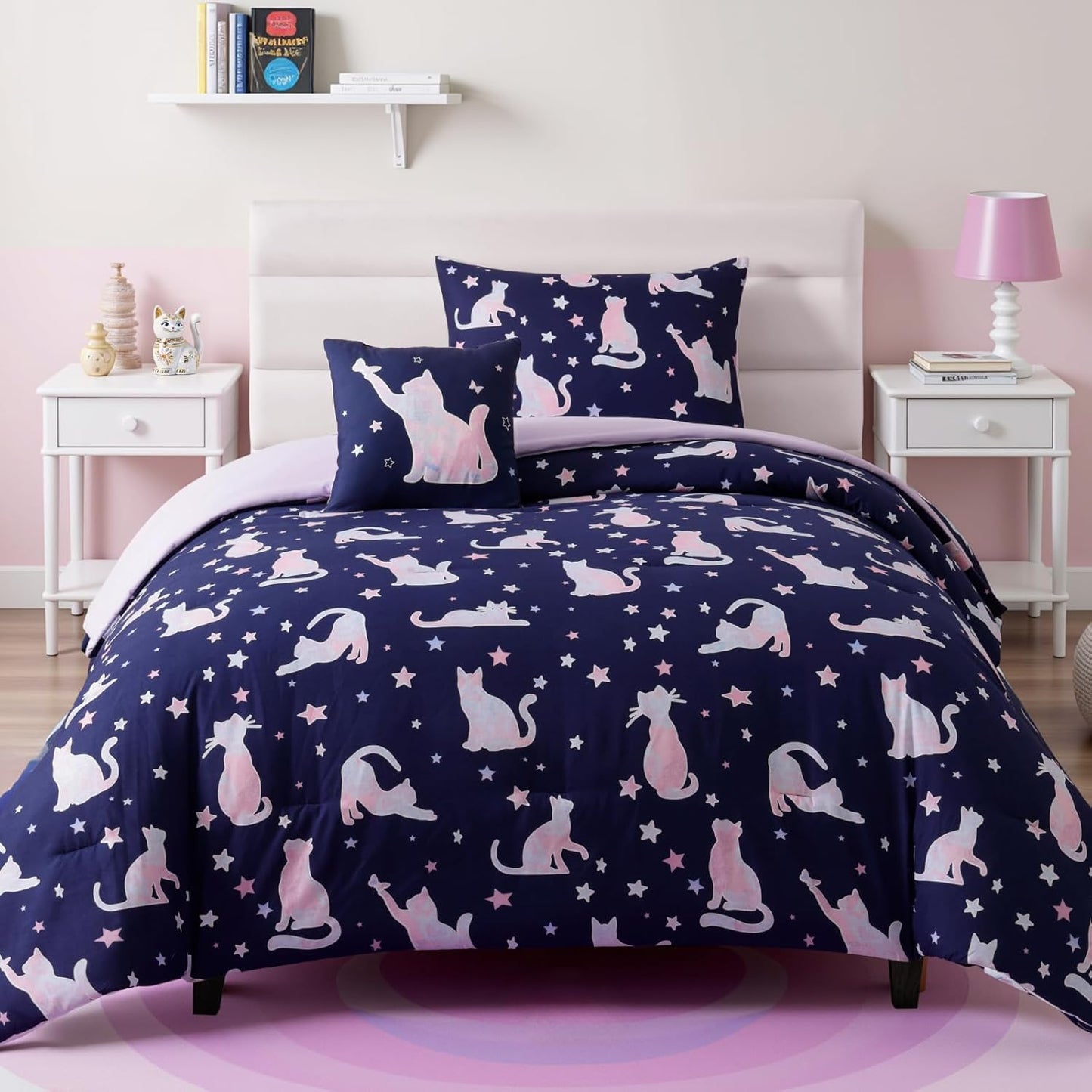 Twin Comforter Set for Girls - Cute Cat Design Bedding Set