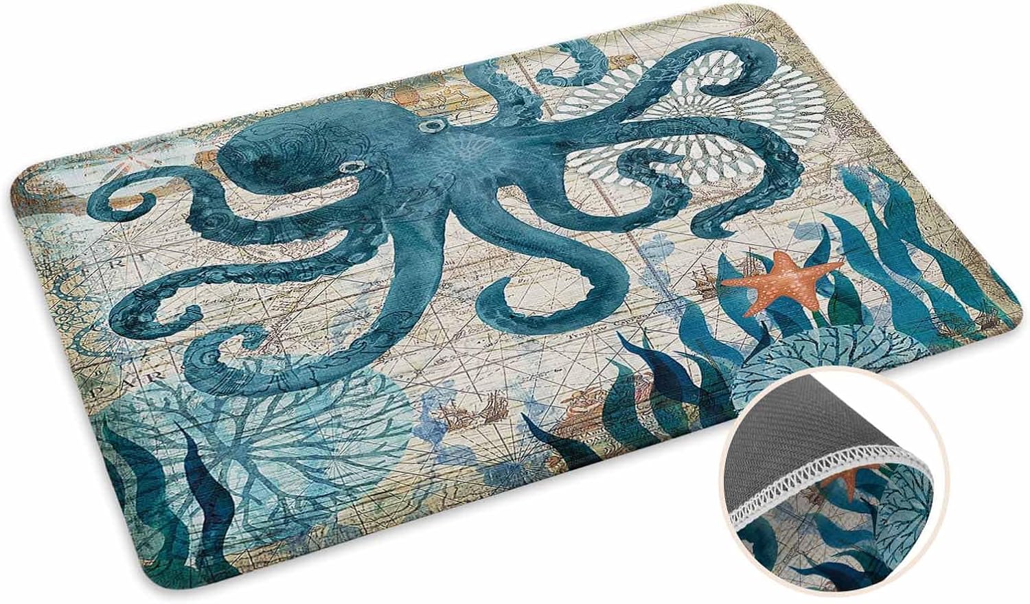 Coastal Blue Sea Octopus Nautical Map Doormat for Home and Office