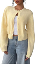 Women's Button Down Long Sleeve Crewneck Crop Cardigan Sweater - Soft
