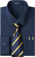 Mens Dress Shirt with Tie Pocket Square Set - Classic Button Down Fit