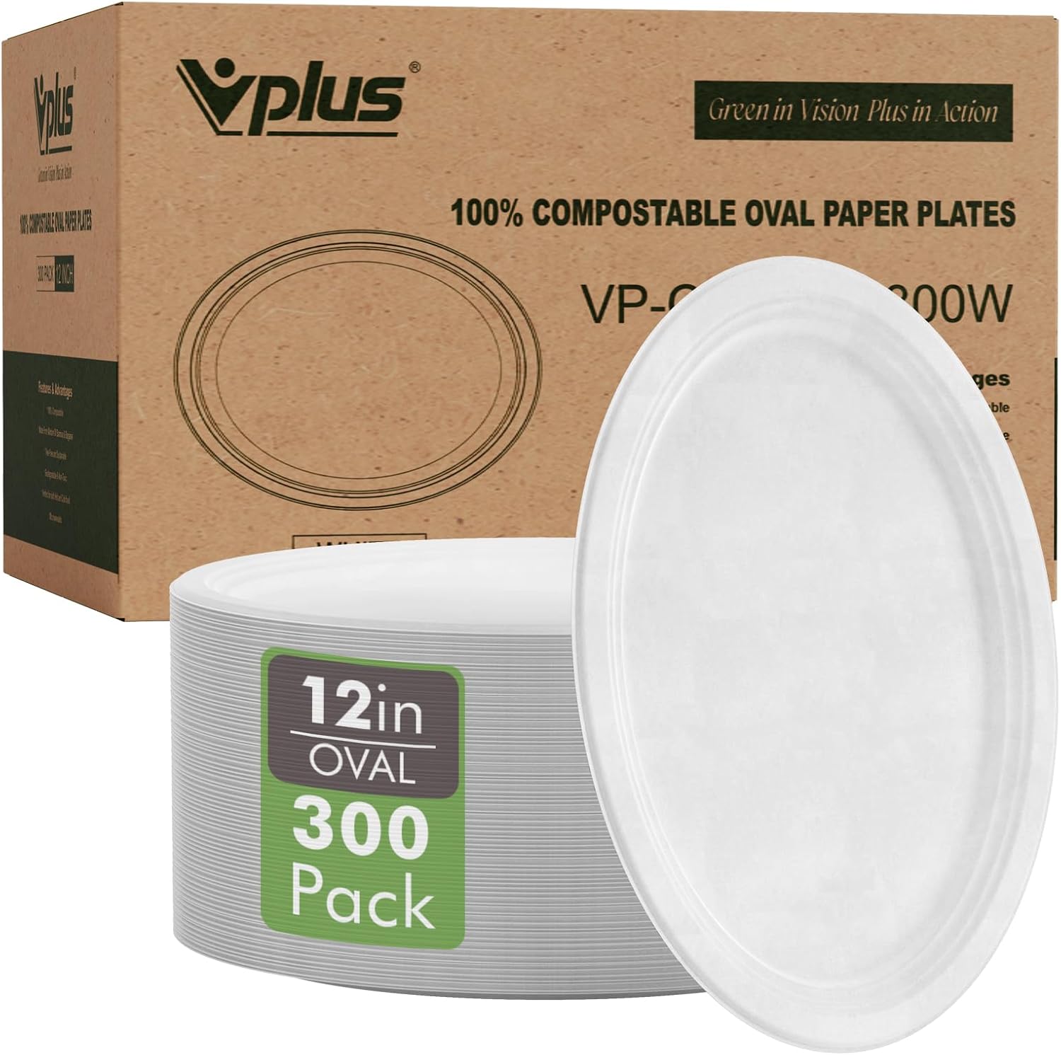 Vplus 300 Pack Compostable Oval Paper Plates for Eco-Friendly Use