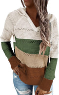 Women Color Block Hooded Crochet Striped Sweater - Lightweight BLENCOT