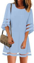 Women Casual Crewneck Mesh Panel Bell Sleeve A-line Dress - Tunic