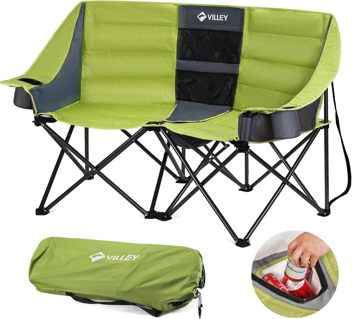 VILLEY Double Camping Chair with Cooler Bag for Outdoor Comfort
