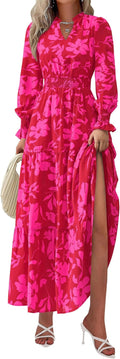 Floral Maxi Dress V Neck Long Sleeve - Flowy Boho Fall Dress Casual