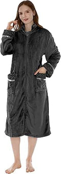 Plush Warm Fleece Zip Up Robe for Women with Pockets