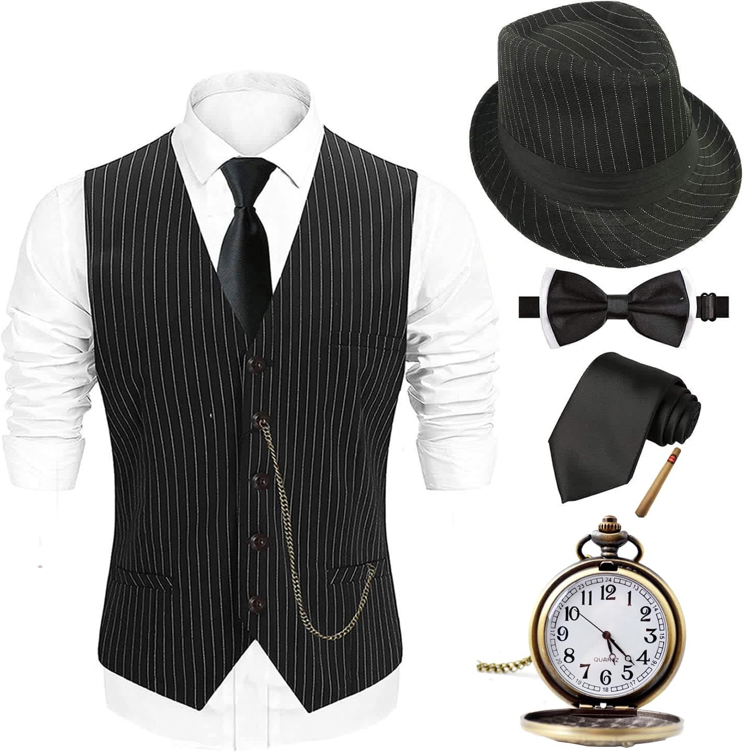 1920s Mens Costume Fedora Hat and Vintage Gangster Accessories Set