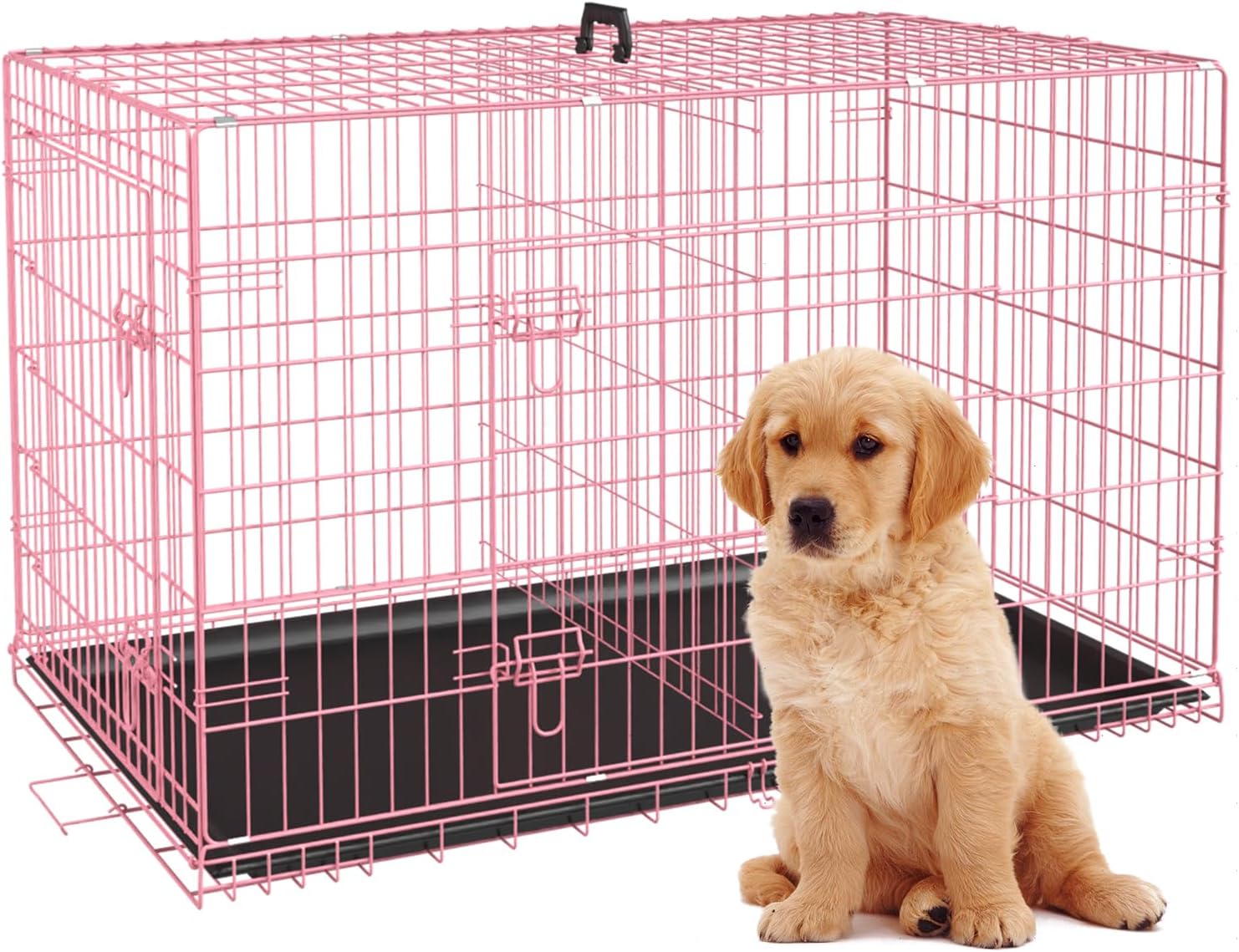 BestPet 24in Pink Dog Crate - Foldable Metal Kennel for Travel