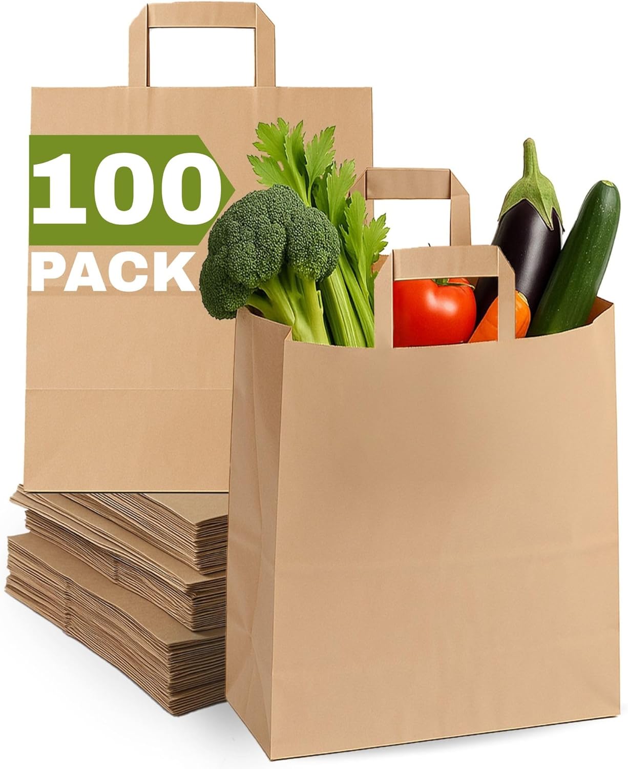 Large Brown Paper Bags with Handles Bulk - 100 Pcs for Shopping