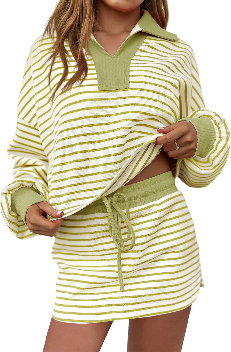 Stylish Striped 2 Piece Outfits for Women - Casual Sweatshirt Set