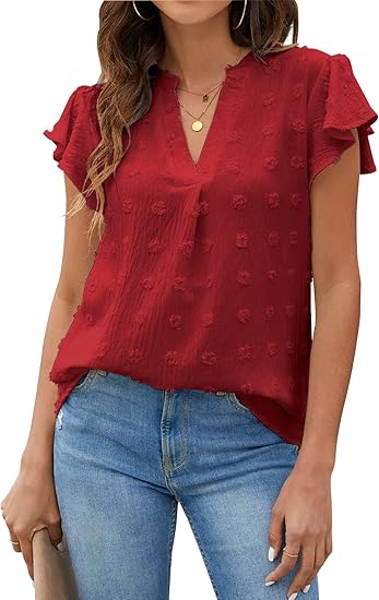 Blooming Jelly Womens White Blouse V Neck Ruffle Sleeve Flowy Tops
