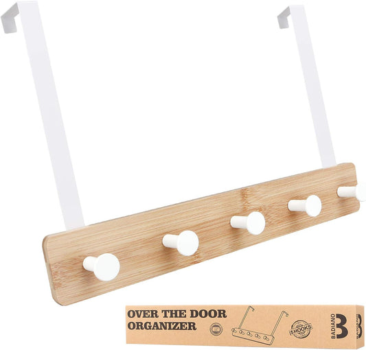 Bamboo Over Door Hook Hanger, 5 Hooks, White