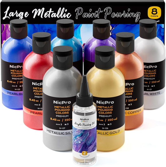 Nicpro 8 Colors Metallic Acrylic Pour Paint Kit for Creativity