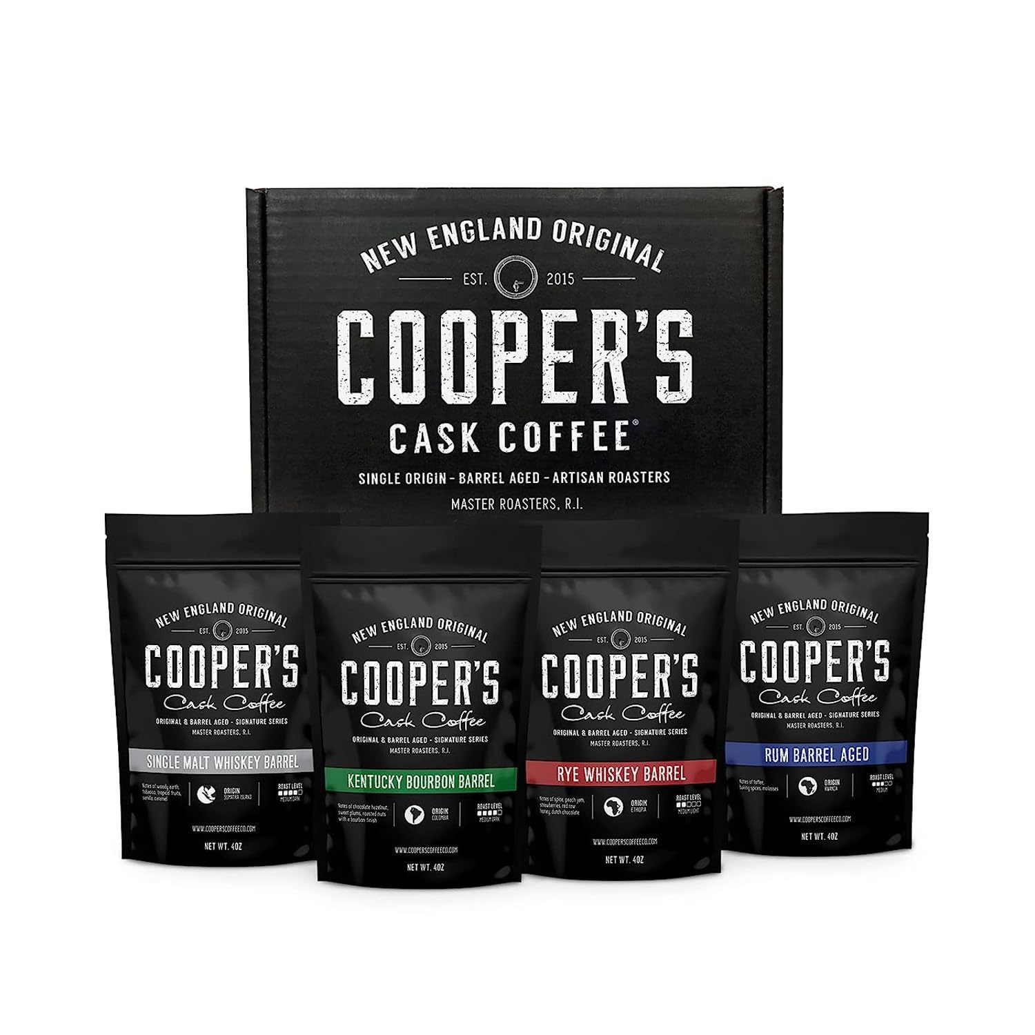 Bourbon & Whiskey Barrel Aged Coffee Box Set for Coffee Lovers
