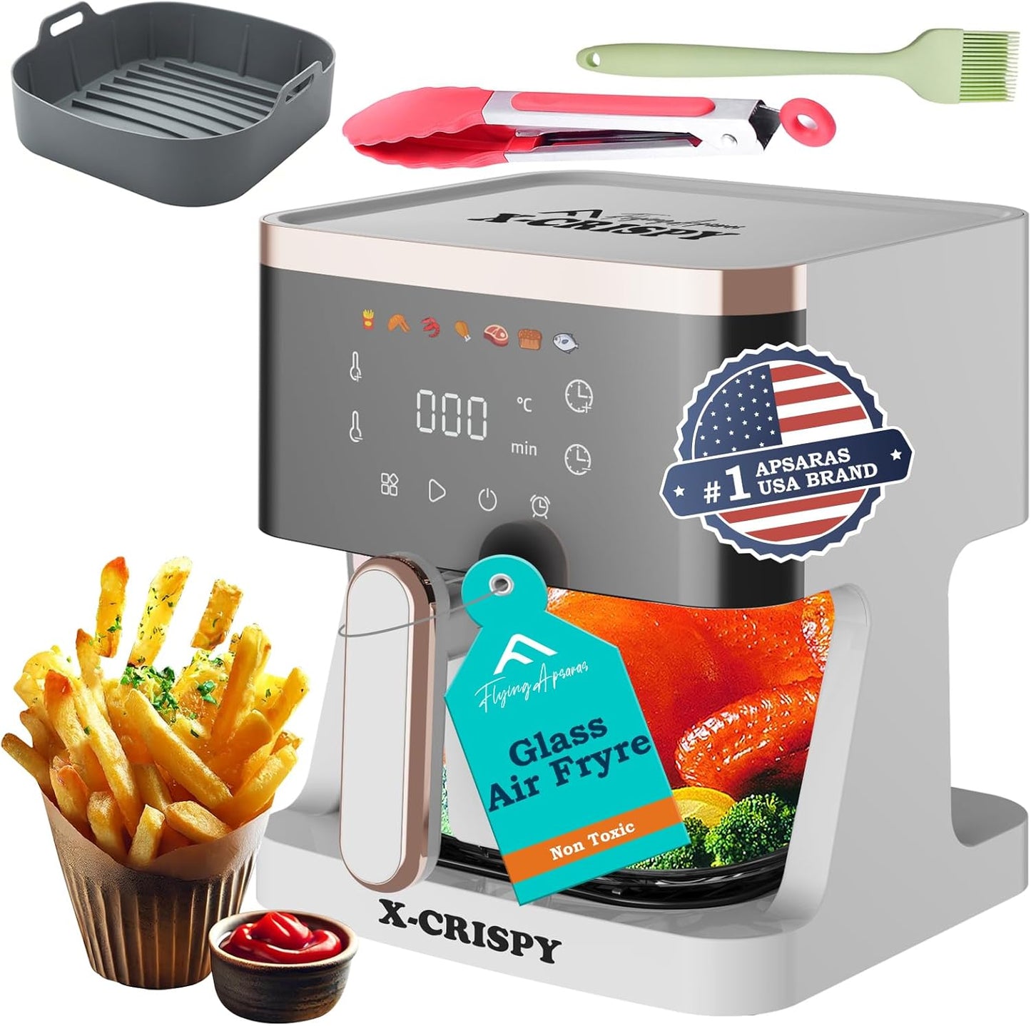 APSARAS USA Glass Air Fryer Non Toxic 5.2 QT for Healthy Cooking